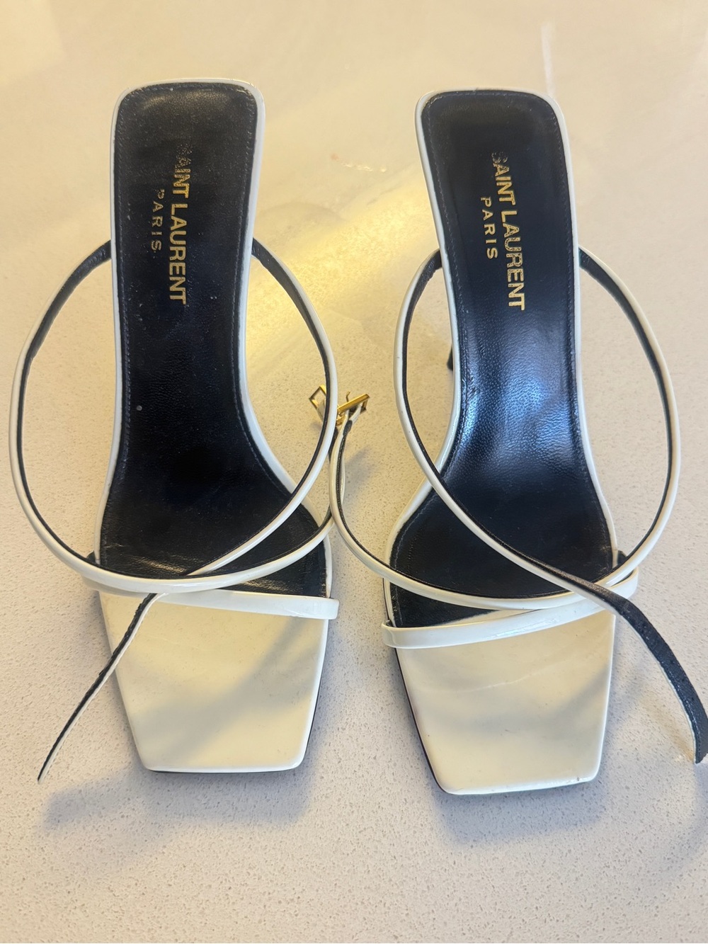 Saint Laurent White Strappy Square-Toe Heeled Sandals